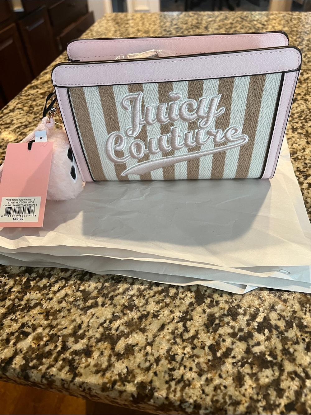 Juicy Couture Pink and Tan Striped Wallet Crossbody with Pom Keychain